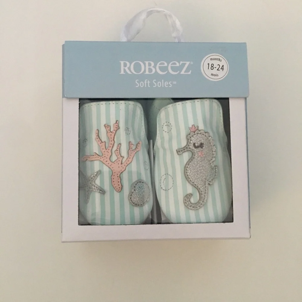 Robeez Soft Soles Baby Shoes in Mint Stripe with Seahorse & Coral 18-24M